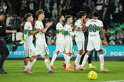 | Photo: AP/Alberto Saiz : Elches team players react after the Spanish La Liga soccer match between Elche and Real Madrid in Elche, Spain.