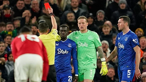 AP : Evertons Idrissa Gueye, third right, gets a red card from referee Tony Harrington during the English Premier League match between Manchester United and Everton at Old Trafford.