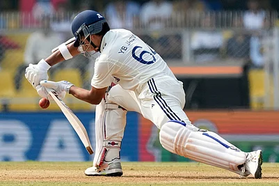 | Photo: AP/Anupam Nath : Indias Yashasvi Jaiswal plays a shot on the third day of the second cricket test match between India and South Africa in Guwahati.