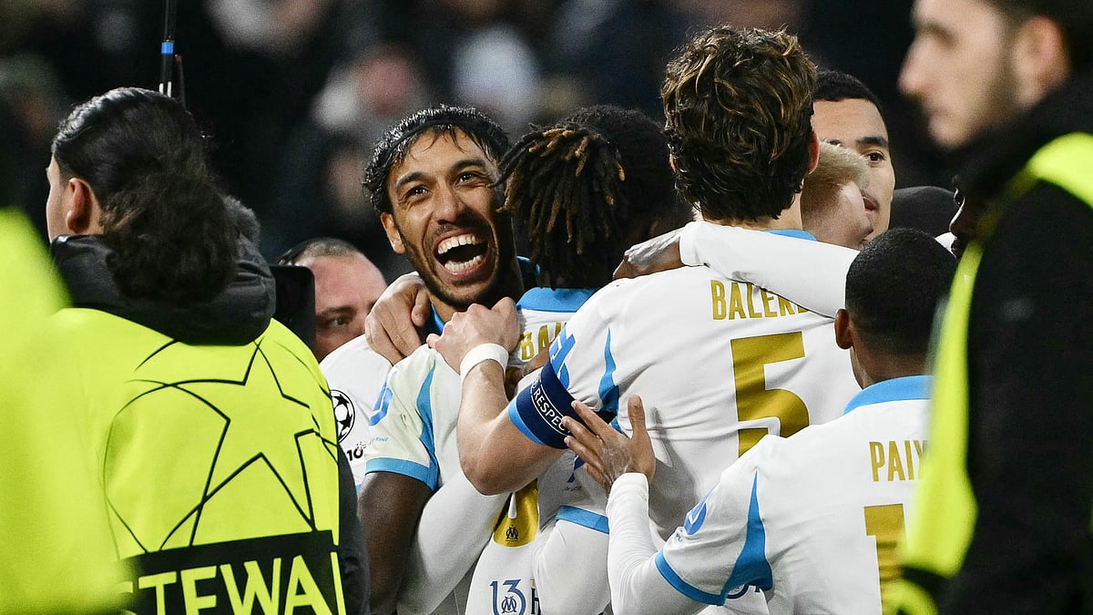 Marseille's Pierre-Emerick Aubameyang celebrates scoring against Newcastle United in the UEFA Champions League league phase match on November 25, 2025.