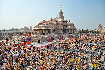 | Photo: PMO via PTI : People attend the ‘Dhwajarohan’ ceremony at the Ram Temple, in Ayodhya, Uttar Pradesh.