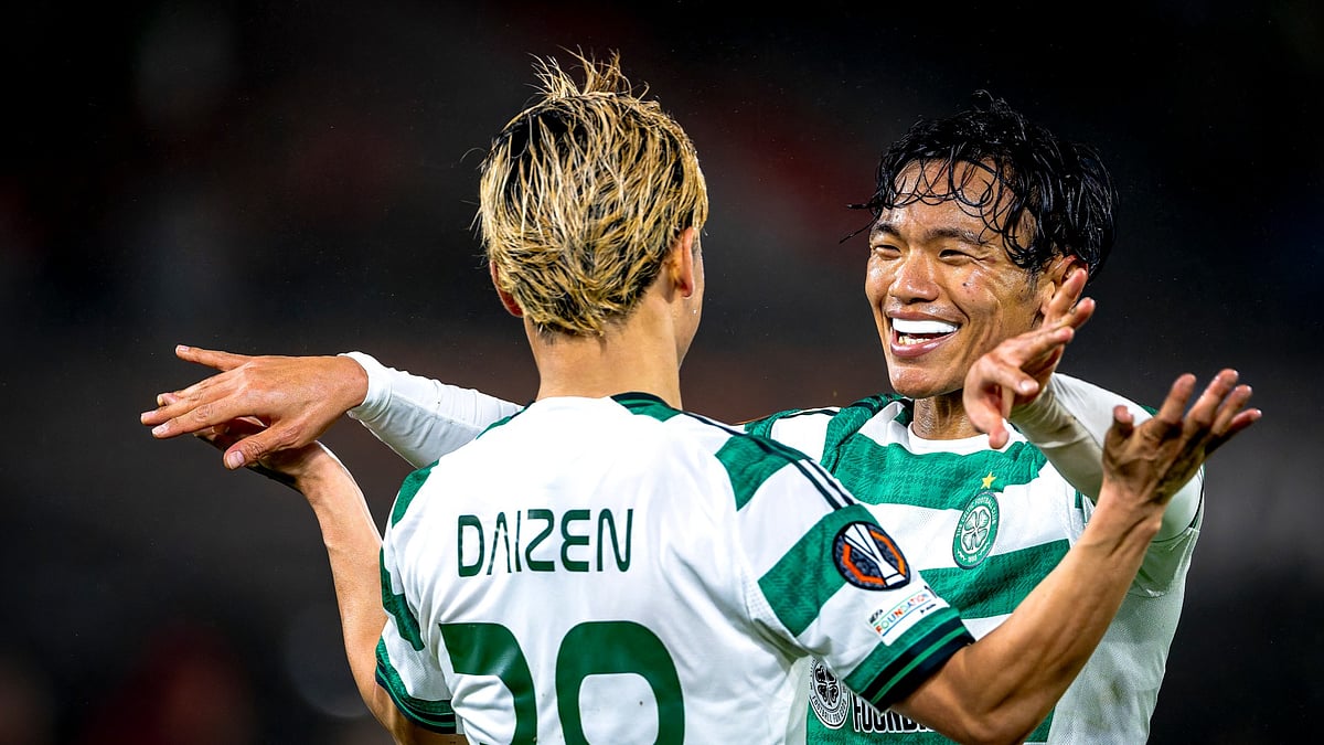 Celtic duo Daizen Maeda and Reo Hatate celebrate during the UEFA Europa League match against Feyenoord on November 27, 2025.