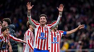 Jose Maria Gimenez celebrates Atletico Madrid's win