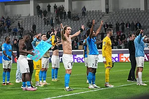 | Photo: AP/Petros Karadjias : Pafos players react to fans after the Champions League opening phase soccer match between Pafos FC and AS Monaco in Limassol, Cyprus.