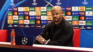 Bayern Munich manager Vincent Kompany attends a press conference after the UEFA Champions League match against Arsenal on November 27, 2025.