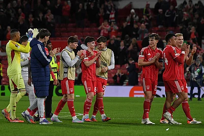 | Photo: AP/Rui Vieira : Nottingham Forest players celebrate on the pitch after the end of the Europa League opening phase soccer match between Nottingham Forest and Malmo in Nottingham, England.