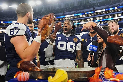 | Photo: AP/LM Otero : Dallas Cowboys wide receiver CeeDee Lamb (88) and tight end Jake Ferguson (87) celebrate following an NFL football game against the Kansas City Chiefs in Arlington, Texas.