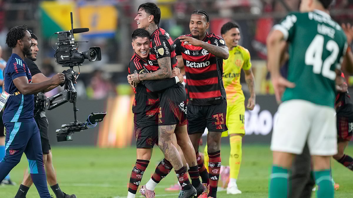 (AP Photo/Martin Mejia) : Players of Brazil's Flamengo celebrate after defeating Brazil's Palmeiras in the Copa Libertadores final soccer match in Lima, Peru, Saturday, Nov. 29, 2025