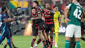 (AP Photo/Martin Mejia) : Players of Brazil's Flamengo celebrate after defeating Brazil's Palmeiras in the Copa Libertadores final soccer match in Lima, Peru, Saturday, Nov. 29, 2025