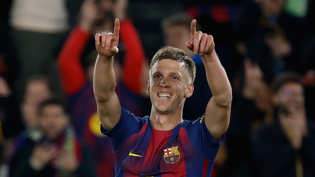 Photo: AP : Barcelona Vs Alaves Highlights, La Liga 2025-26: Dani Olmo celebrates after scoring his side's third goal.