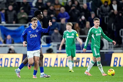 | Photo: Peter Byrne/PA via AP : Evertons Kiernan Dewsbury-Hall, left, celebrates scoring during the English Premier League soccer match between Everton and Newcastle United in Liverpool, England.