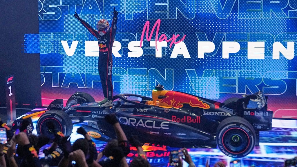 Photo: AP : Qatar Grand Prix Highlights, F1 Main Race: Red Bull driver Max Verstappen celebrates after winning the race in Lusail.