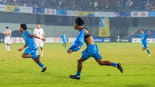 AIFF : India players celebrate Gunleiba Wangheirakpams goal against Iran in the AFC U-17 Asian Cup 2026 qualifiers in Ahmedabad.