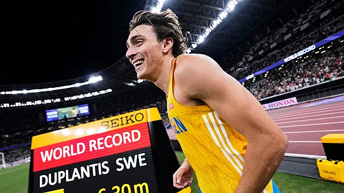 (AP Photo/Ashley Landis,File) : FILE - Swedens Armand Duplantis is reacts after winning gold and setting a world record in the mens pole vault final at the World Athletics Championships in Tokyo, Monday, Sept. 15, 2025.
