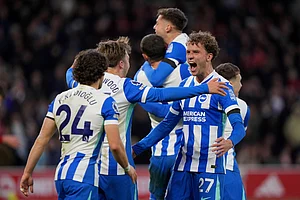 | Photo: Joe Giddens/PA via AP : Brighton and Hove Albion's Mats Wieffer, right and teammates celebrate after Stefanos Tzimas scores his side's second goal of the game, during the English Premier League soccer match between Nottingham Forest and Bright and Hove Albion, at the City Ground, in Nottingham, England.