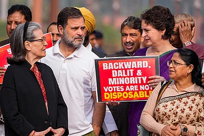 | Photo: PTI/Ravi Choudhary : LoP in the Lok Sabha and Congress leader Rahul Gandhi, partys General Secretary Priyanka Gandhi Vadra and leader Sonia Gandhi during a protest against Special Intensive Revision (SIR) at Parliament complex during Winter session, in New Delhi.