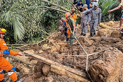 Photo: @IndiainSL/X via PTI : In this image, Rescue workers and National Disaster Response Force (NDRF) personnel during Operation Sagar Bandhu, Indias rescue initiative in Sri Lanka following cyclone Ditwah, in Badulla, Sri Lanka.