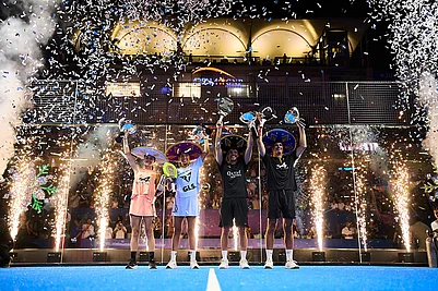 | Photo: Premier Padel / Red Bull Content Pool : Claudia Fernandez Sanchez, Beatriz Gonzalez Fernandez, Agustin Tapia and Arturo Coello pose with their winner trophies during the trophy ceremony of the Premier Padel GNP Major Acapulco, Mexico on November 30, 2025