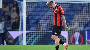 | Photo: AP/Luis Vieira : Nice's Melvin Bard reacts at the the end of the UEFA Europa League opening phase match against FC Porto on November 27, 2025.