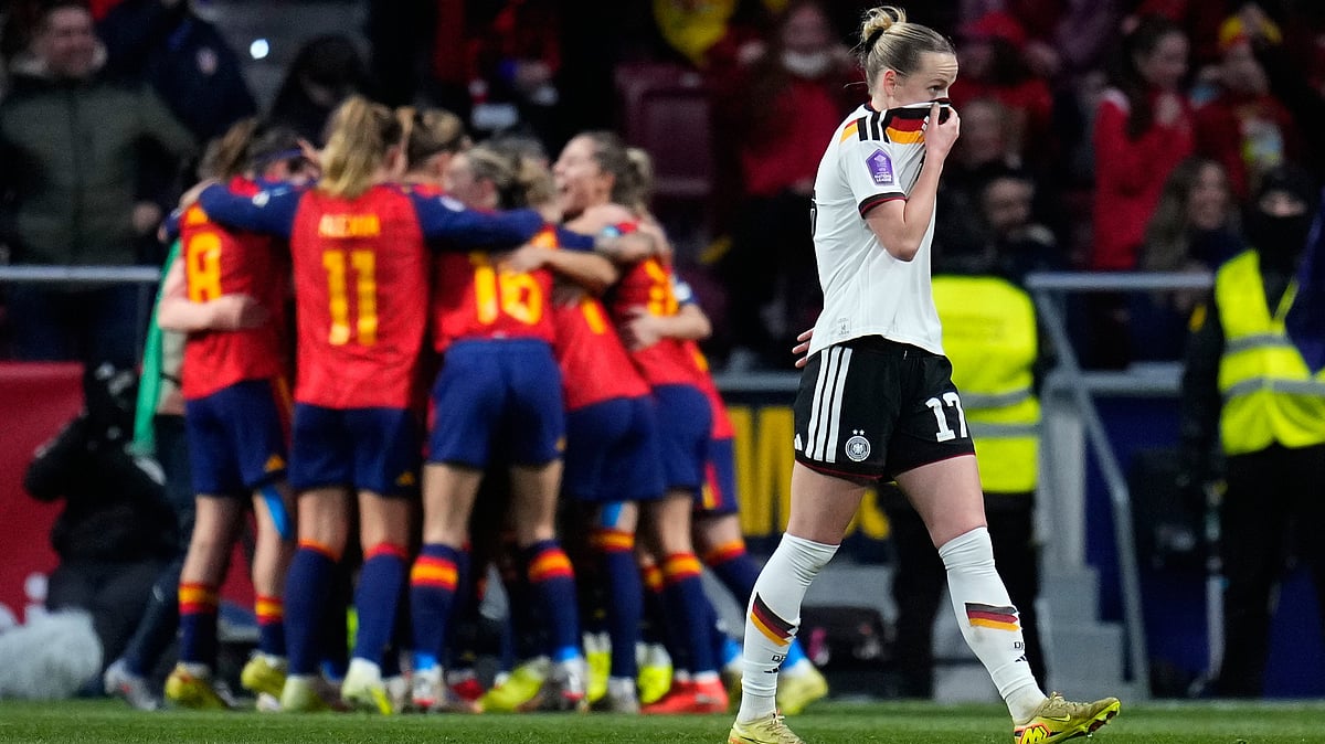 | Photo: AP/Manu Fernandez : Germany's Franziska Kett reacts after Spain's Claudia Pina scored the opening goal during the UEFA Women's Nations League final match in Madrid on December 2, 2025. 