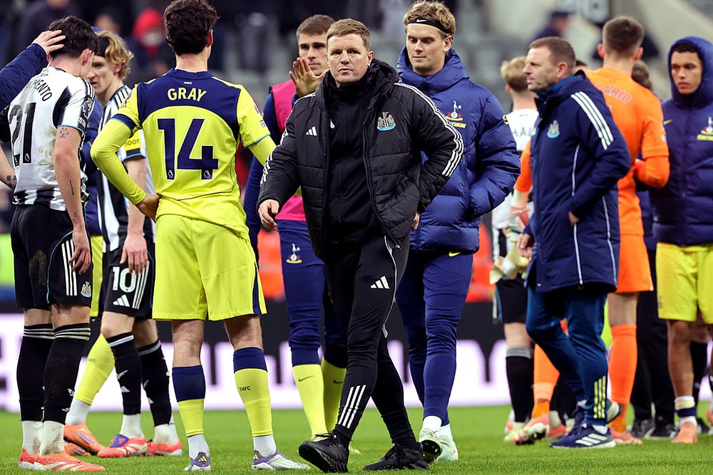 | Photo: Steve Welsh/PA via AP : Newcastle United manager Eddie Howe reacts following the Premier League match at St James' Park, Newcastle.