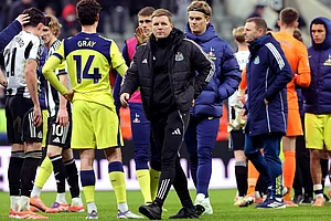 | Photo: Steve Welsh/PA via AP : Newcastle United manager Eddie Howe reacts following the Premier League match at St James' Park, Newcastle.