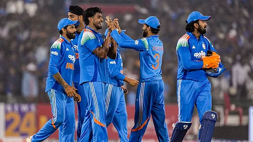 (PTI Photo/Kunal Patil) : Raipur: India�s Harshit Rana celebrates with teammates after taking the wicket of South Africas Aiden Markram during the second ODI cricket match of a series between India and South Africa, at Shaheed Veer Narayan Singh International Stadium, in Raipur, Chhattisgarh, Wednesday, Dec. 3, 2025.