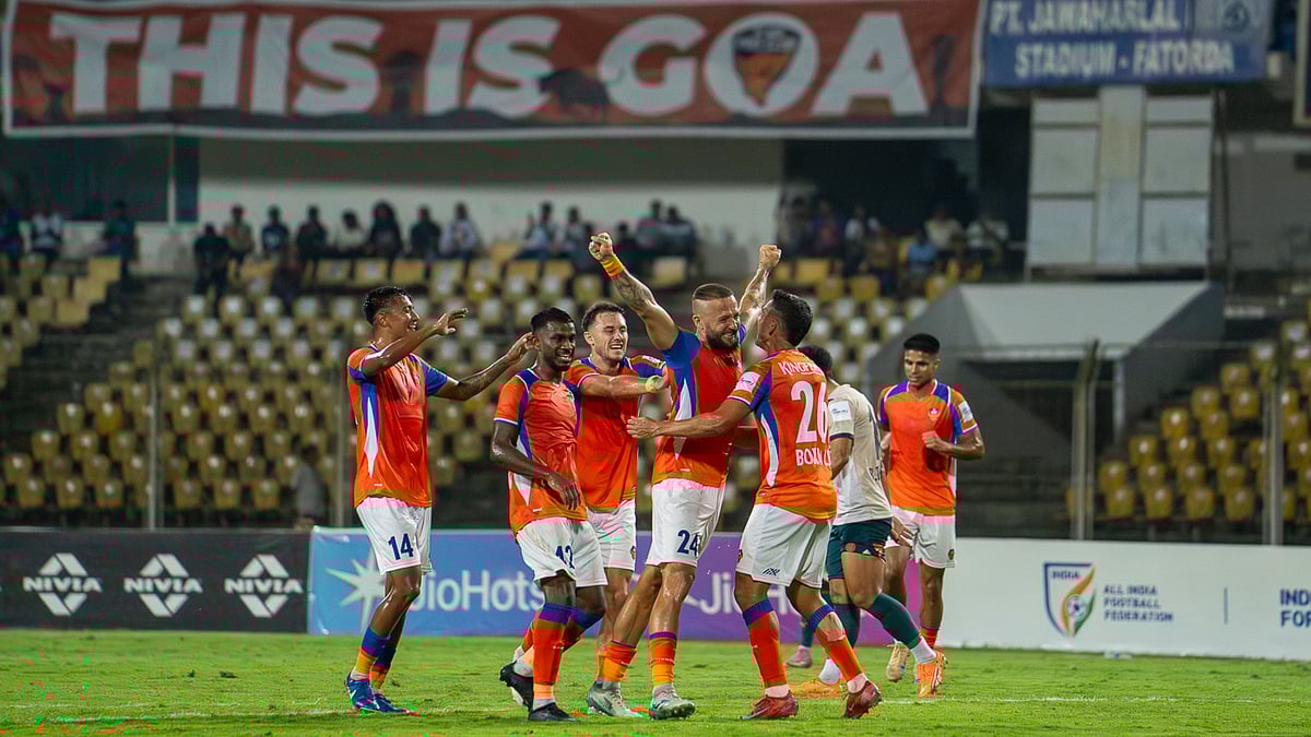 | Photo: AIFF : FC Goa's players celebrate a goal during the AIFF Super Cup semi-final match against Mumbai City FC on December 4, 2025.