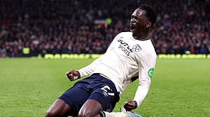 West Ham's Soungoutou Magassa celebrates scoring against Manchester United in the English Premier League on December 4, 2025.