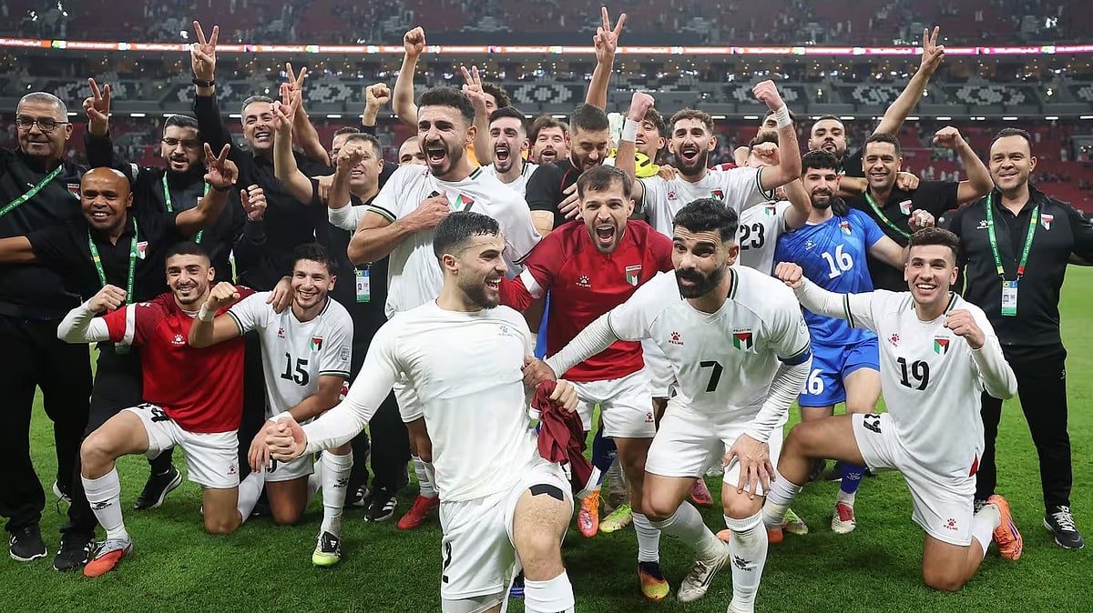 Photo: FIFA : Palestine Vs Tunisia Highlights, FIFA Arab Cup: Lions Of Canaan celebrate after beating Qatar.
