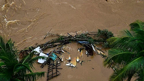 | Photo: @MEAIndia/X via PTI : A damaged structure at a cyclone-hit area, in Sri Lanka.