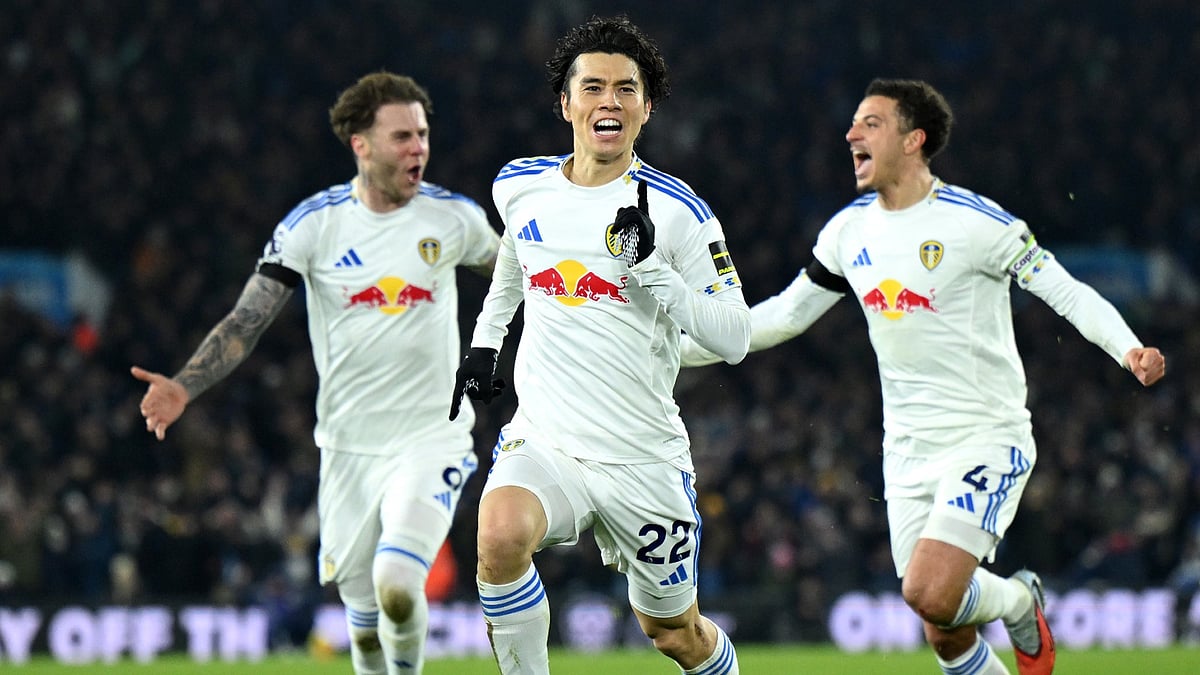 Leeds United's Ao Tanaka celebrates goal during the English Premier League match against Chelsea on December 4, 2025.