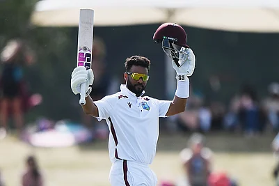 | Photo: Chris Symes/Photosport via AP : West Indies Shai Hope celebrates scoring 100 runs against New Zealand on Day 4 of their cricket test match in Christchurch, New Zealand.