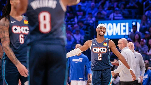 Shai Gilgeous-Alexander #2 of the Oklahoma City Thunder reacts after a play during the second half against the Dallas Mavericks at Paycom Center on December 5, 2025 in Oklahoma City, Oklahoma.