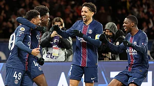 Paris Saint-Germain's players celebrate during the win over Rennes.