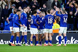 | Photo: Peter Byrne/PA via AP : Everton's Kiernan Dewsbury-Hall, center, celebrates scoring with teammates during the English Premier League soccer match between Everton and Nottingham Forest in Liverpool, England.