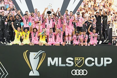 | Photo: AP/Rebecca Blackwell : Inter Miami celebrate after winning the MLS Cup against the Vancouver Whitecaps in Fort Lauderdale, Fla.