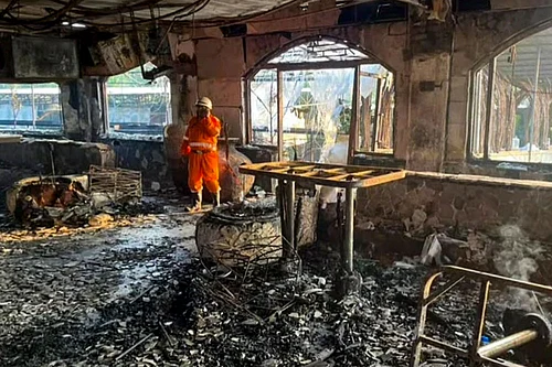 | Photo: PTI : Charred remains at the nightclub where a fire broke out due to a cylinder blast, in North Goa district. At least 25 persons were killed and six others suffered injuries in the incident, according to officials.
