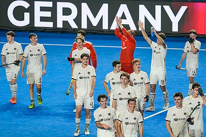 | Photo: PTI/R SenthilKumar : Germany players celebrate after the team won in the semi-final match against India in the FIH Hockey Men’s Junior World Cup 2025, at Mayor Radhakrishnan Hockey Stadium in Chennai. Germany won the match 5-1.