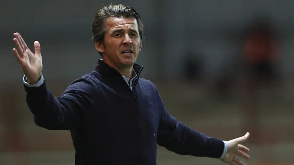 | Photo: Pool/Alex Livesay via AP : File photo of Fleetwood Town's manager Joey Barton reacting during the English League Cup third round match against Everton at the Highbury Stadium on September 23, 2020.