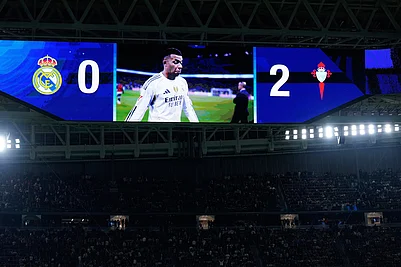 | Photo: AP/Manu Fernandez : A screen shows the score and Real Madrids Kylian Mbappe leaving the field at the end of the Spanish La Liga soccer match between Real Madrid and Celta Vigo in Madrid, Spain.