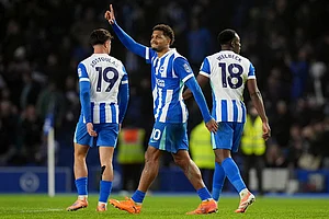 | Photo: Gareth Fuller/PA via AP : Brighton and Hove Albion's Georginio Rutter, centre, celebrates after scoring his sides first goal during the English Premier League soccer match between Brighton and Hove Albion v West Ham United, in Brighton, England.