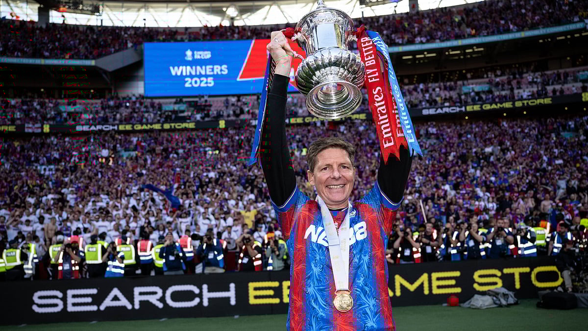 File photo of Crystal Palace manager Oliver Glasner lifting the FA Cup at Wembley Stadium.
