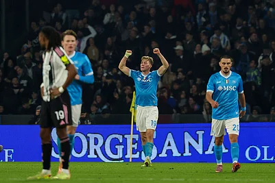 | Photo: Alessandro Garofalo/LaPresse via AP : Napolis Rasmus Hojlund, centre, celebrates after scoring his sides second goal during the Serie A soccer match between Napoli and Juventus, in Naples, Italy.