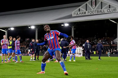 | Photo: John Walton/PA via AP : Crystal Palaces Chrisantus Uche celebrates after the English Premier League soccer match between Fulham and Crystal Palace, in London.