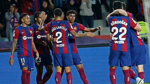 | Photo: AP/Joan Monfort : Barcelona Vs Eintracht Frankfurt Live Score, UEFA Champions League 2025-26: Lamine Yamal celebrates opening goal.