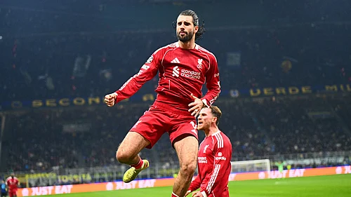 Liverpools match-winner Dominik Szoboszlai celebrates after scoring in the UEFA Champions League match against Inter Milan.