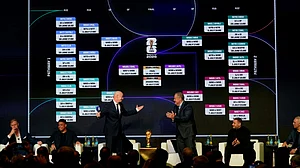 | Photo: AP/Chris Carlson : Alexi Lalas and Ronaldo listen as FIFA President Gianni Infantino and host Andrés Cantor applaude as Francesco Totti, and Hristo Stoichkov look on during the match schedule reveal for the FIFA World Cup 2026 in Washington, Saturday, Dec. 6, 2025.