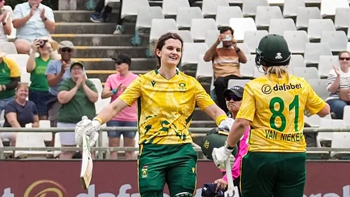 X/Proteaswomen : Laura Woolvaardt after scoring her century against Ireland in the 1st T20I
