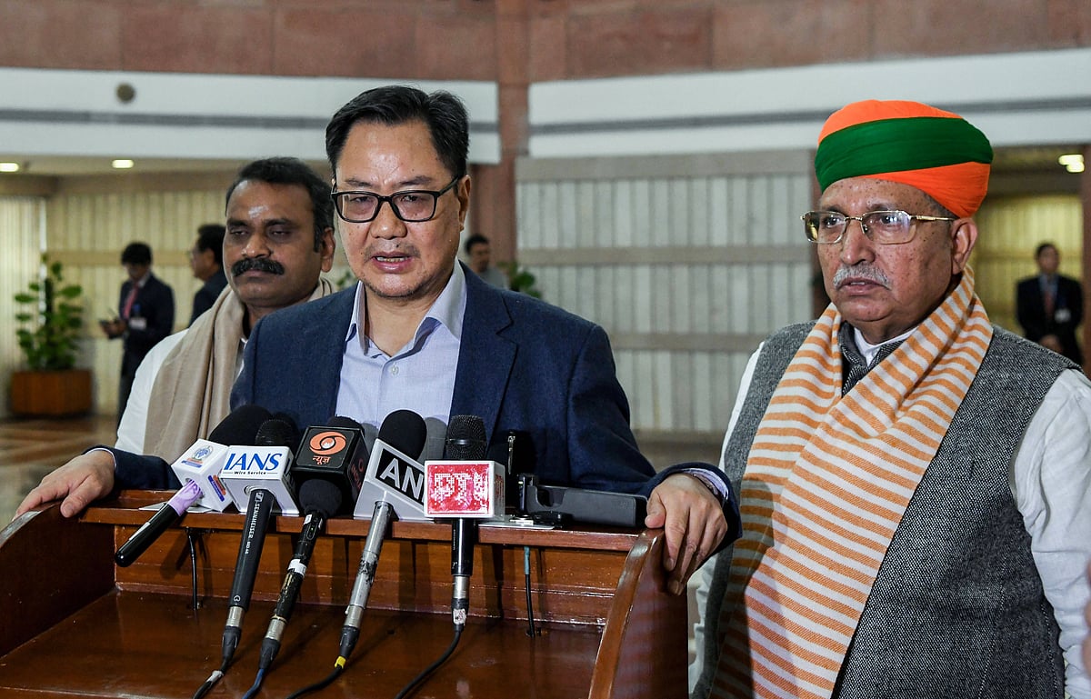 - ANI : Union Minister for Minority Affairs and Parliamentary Affairs Kiren Rijiju addresses the media after attending the NDA Parliamentary Party meeting at Parliament Library Building, in New Delhi on Tuesday. Union Minister of State for Law & Justice Arjun Ram Meghwal also present. New Delhi Delhi India 